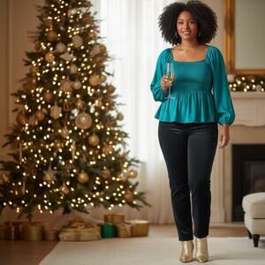 Anthropologie DOLAN Plus Teal Smocked Romantic Babydoll Peplum Blouse - Size 2X